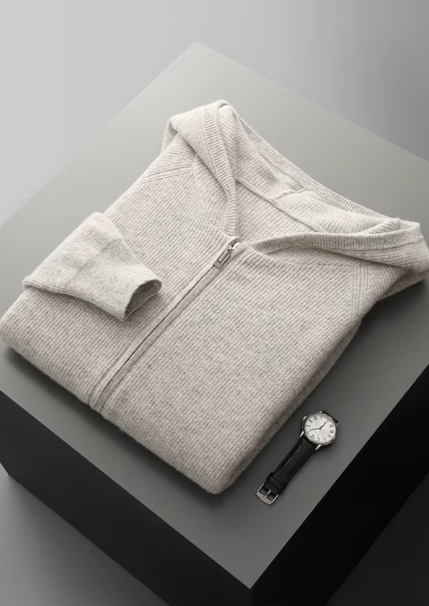 Saf Ekstra İnce Merino Yünü Ribanalı Fermuarlı Kapüşonlu