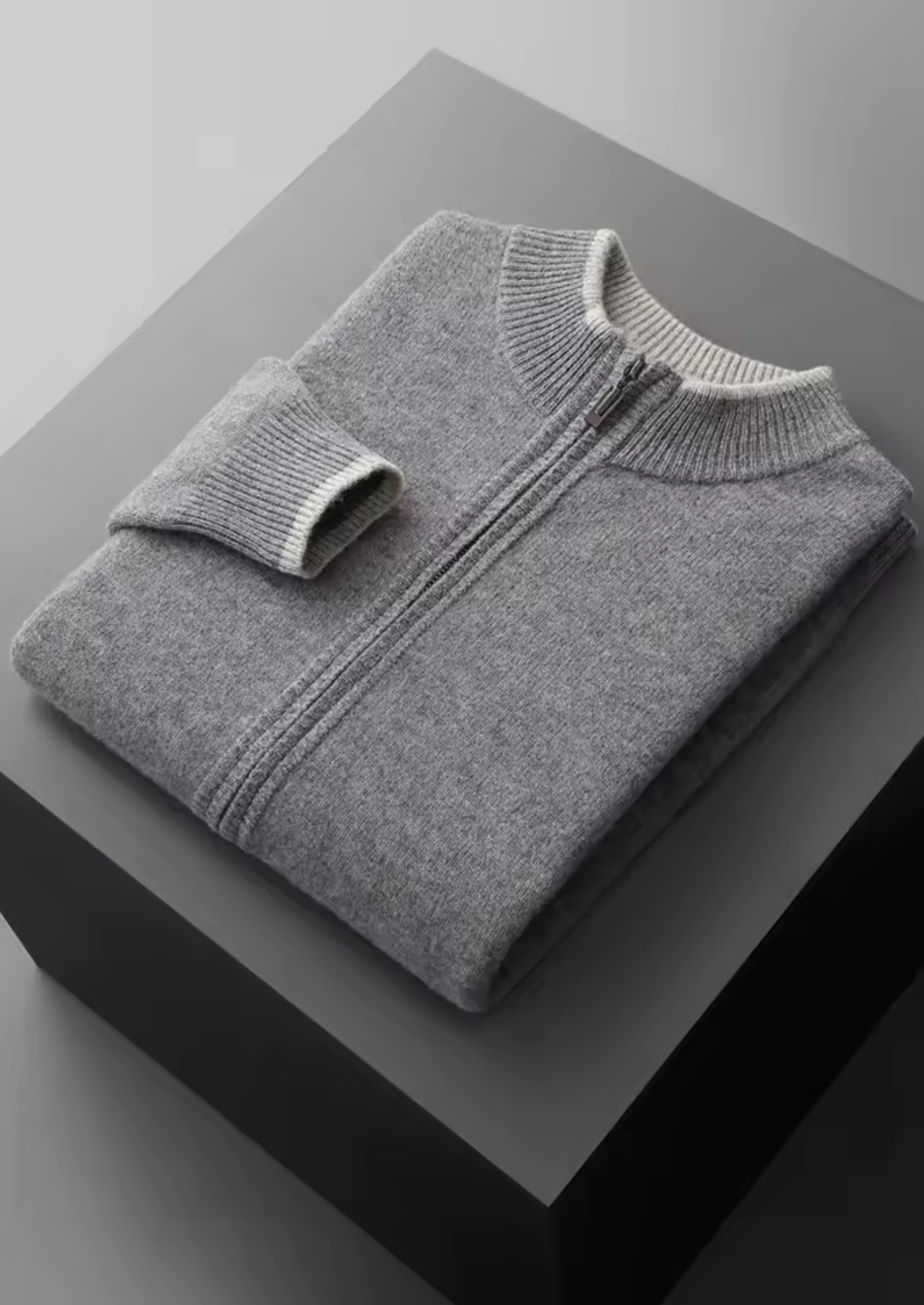 Saf Ekstra İnce Merino Yünü İki Tonlu Fermuarlı Hırka