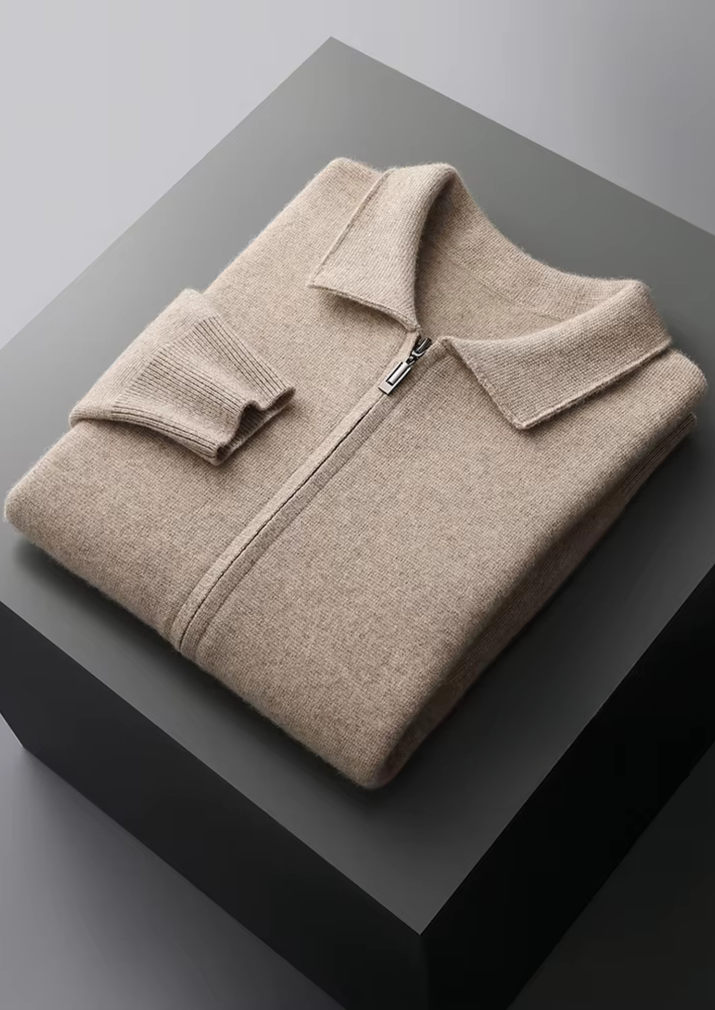 Saf Ekstra İnce Merino Yünü Fermuarlı Polo Hırka