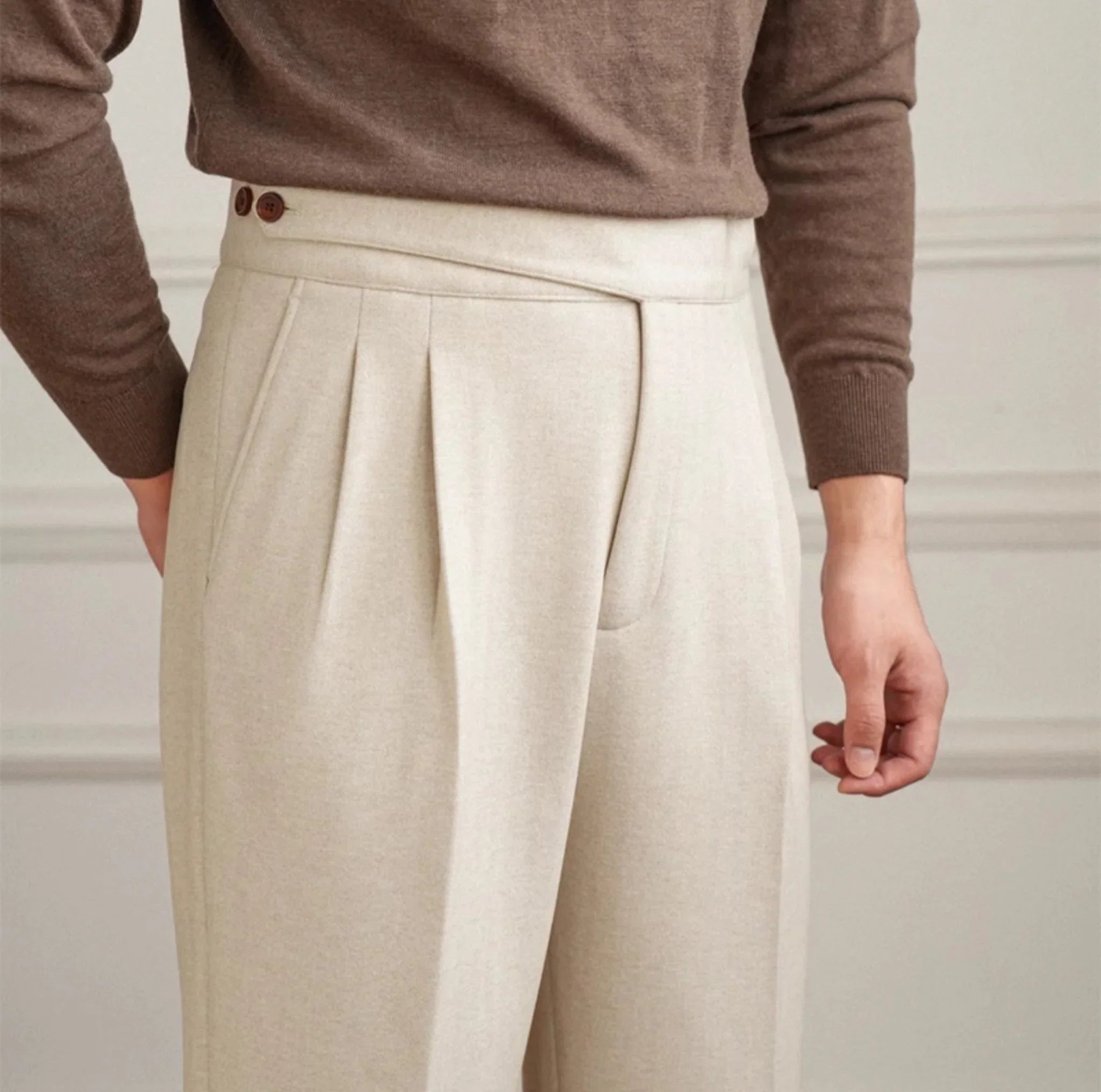 Moneglia Yün Düz Kesim Çift Kat Burgulu Pantolon - Martin Milano