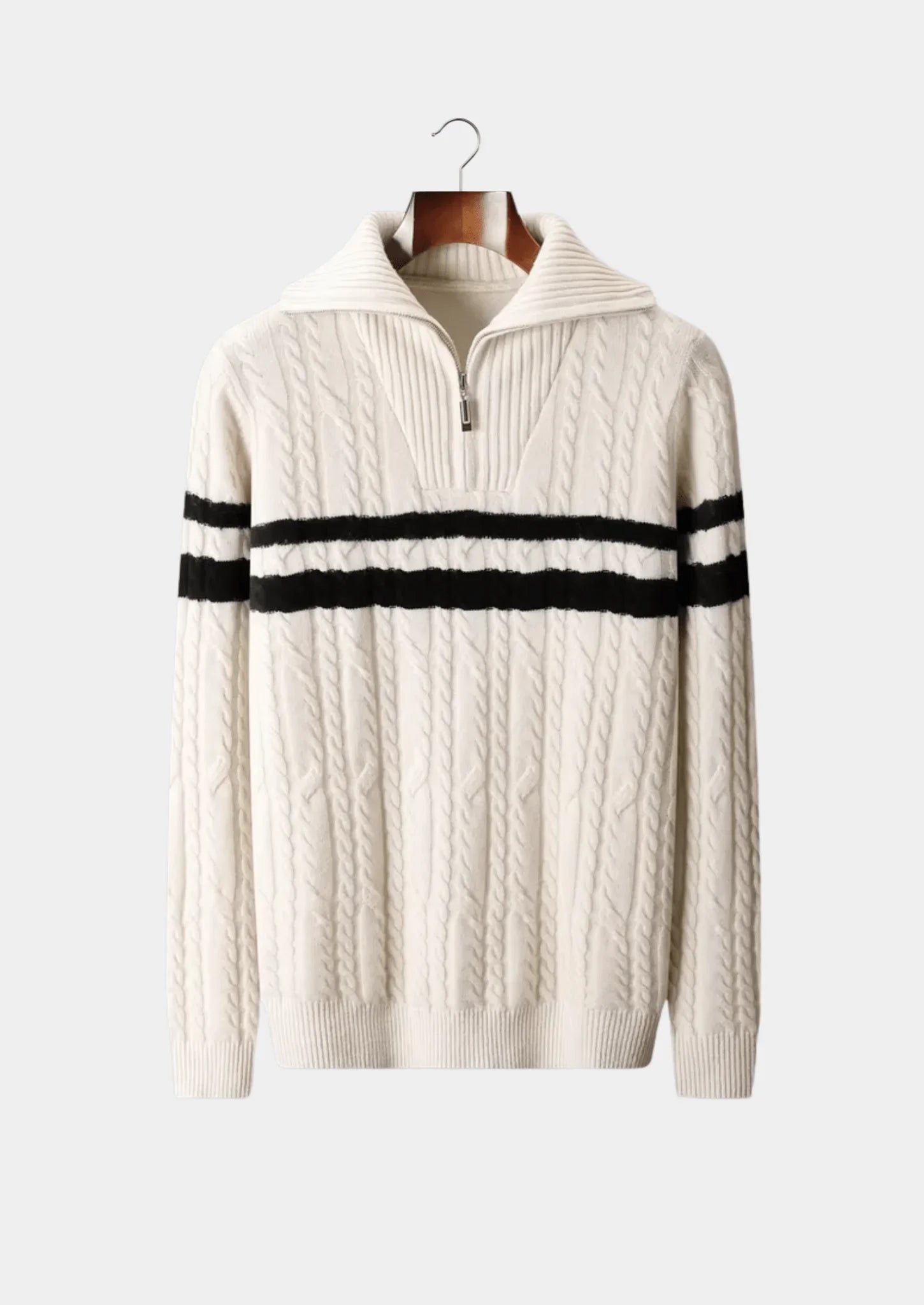 Saf Ekstra Ince Merino Yünü Çizgili Yarım Fermuarlı Kazak - Martin Milano