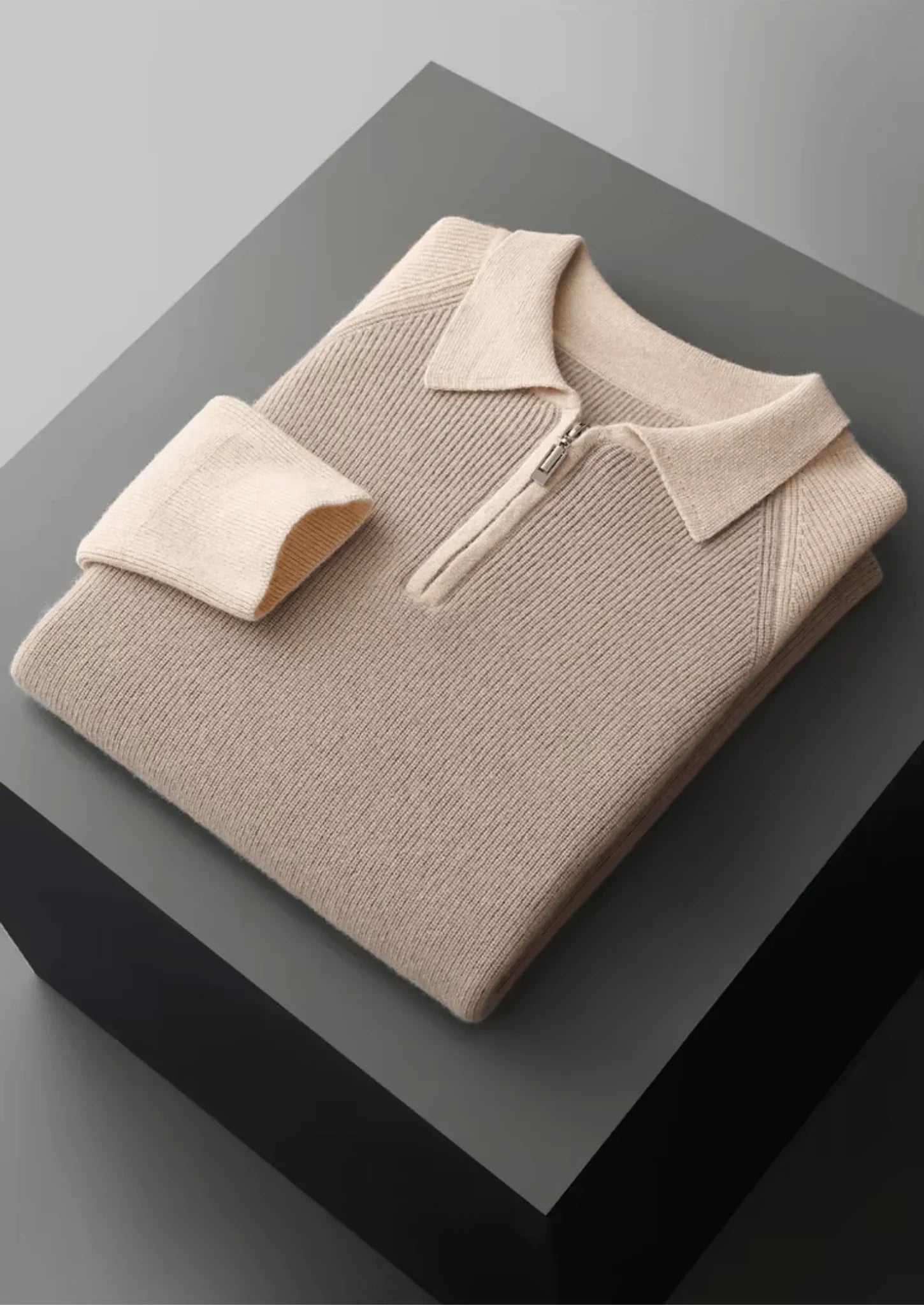 Saf Ekstra İnce Merino Yünü Fermuarlı Polo Kazak - Martin Milano