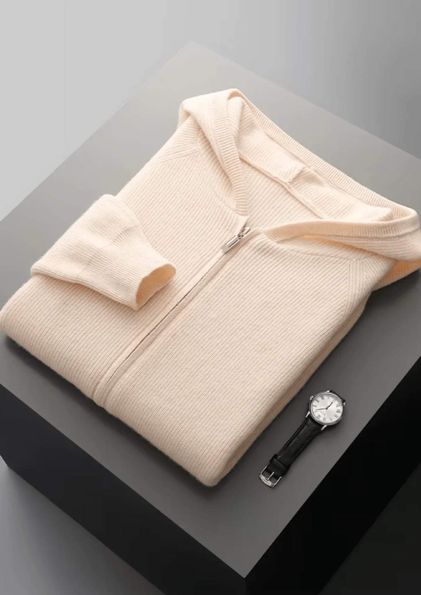 Saf Ekstra İnce Merino Yünü Ribanalı Fermuarlı Kapüşonlu - Martin Milano