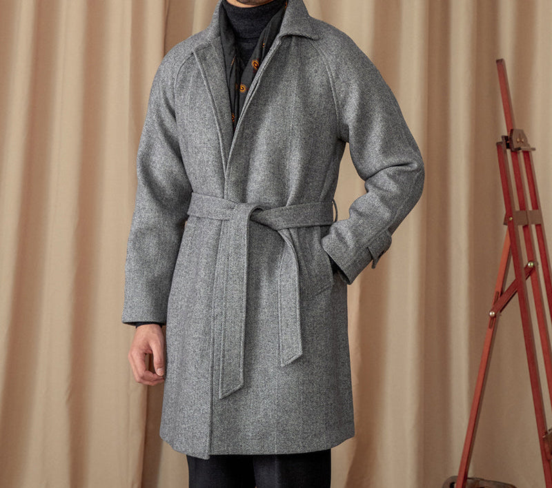 Preugia Kuşaklı Herringbone Yün Kaban