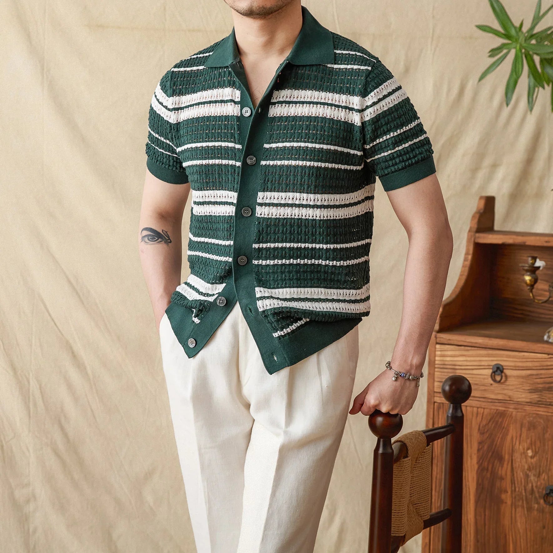 Beaune Pamuk Jakarlı Örme Kısa Kollu Gömlek - Martin Milano