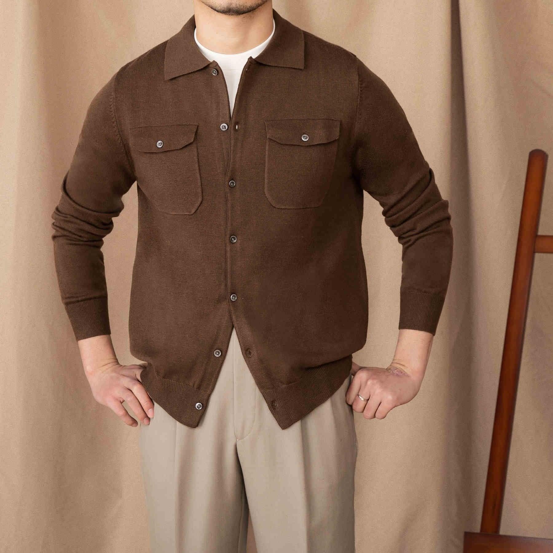 Göğüs Cepli Yün Uzun Kollu Örgü Hırka - Martin Milano