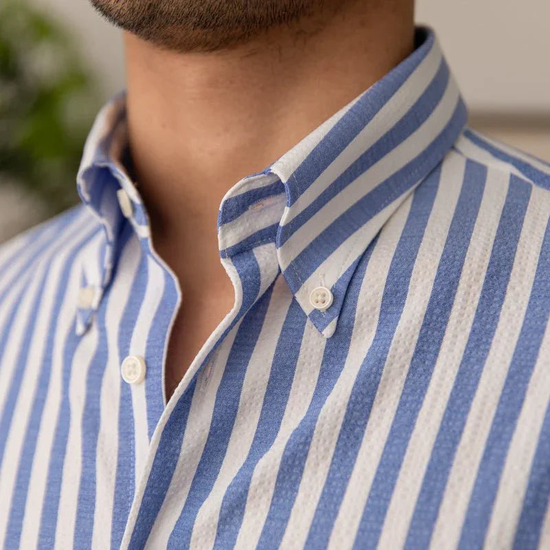 İnce Kesim Seersucker Çizgili Plaj Gömleği - Martin Milano