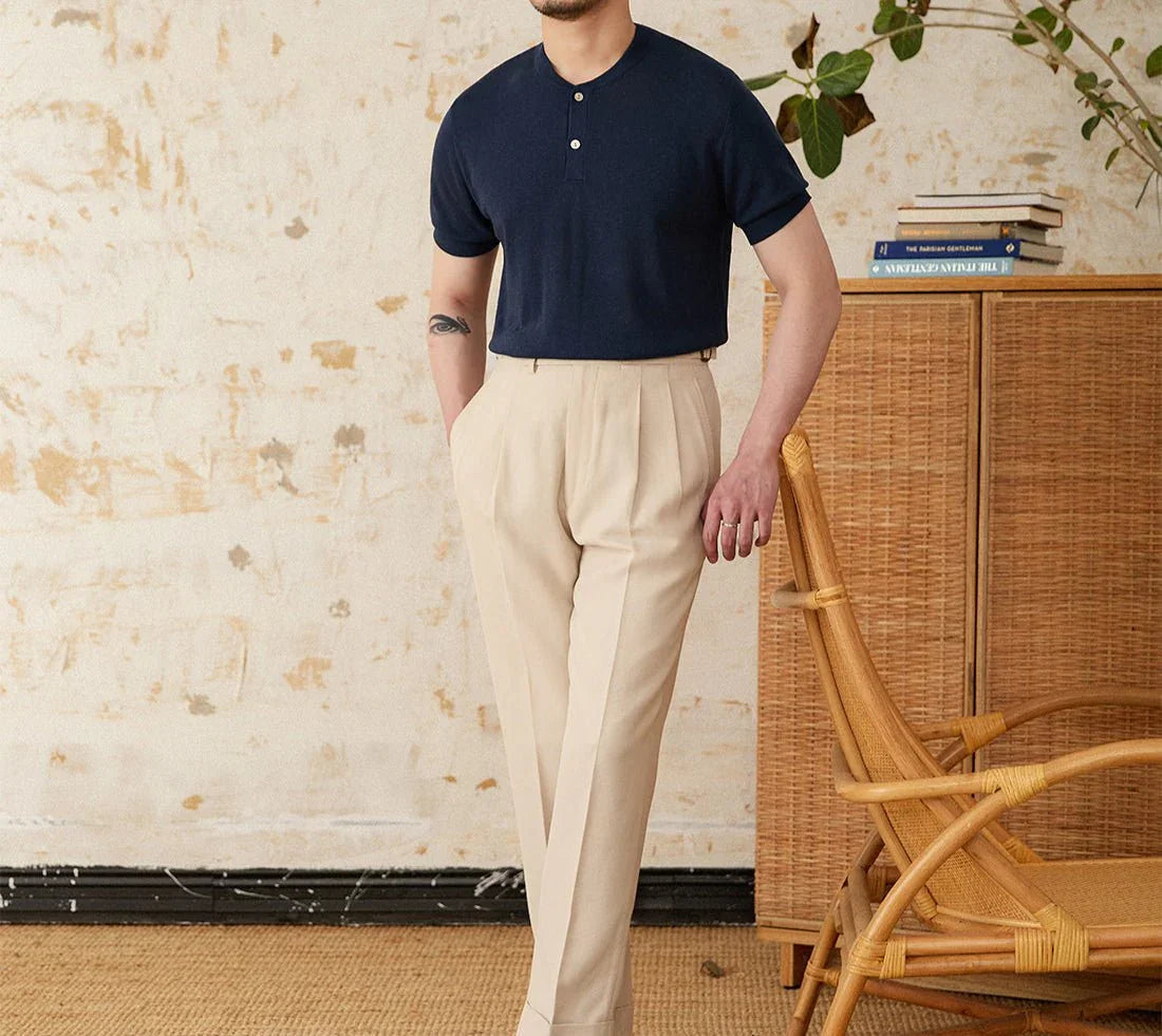 Keten Henley Örgülü Kısa Kollu Tişört - Martin Milano