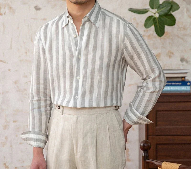 Kotor Çizgili Keten Uzun Kollu Gömlek - Martin Milano