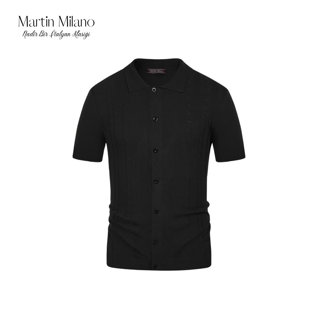 Vintage Örgü Polo Gömlek Siyah